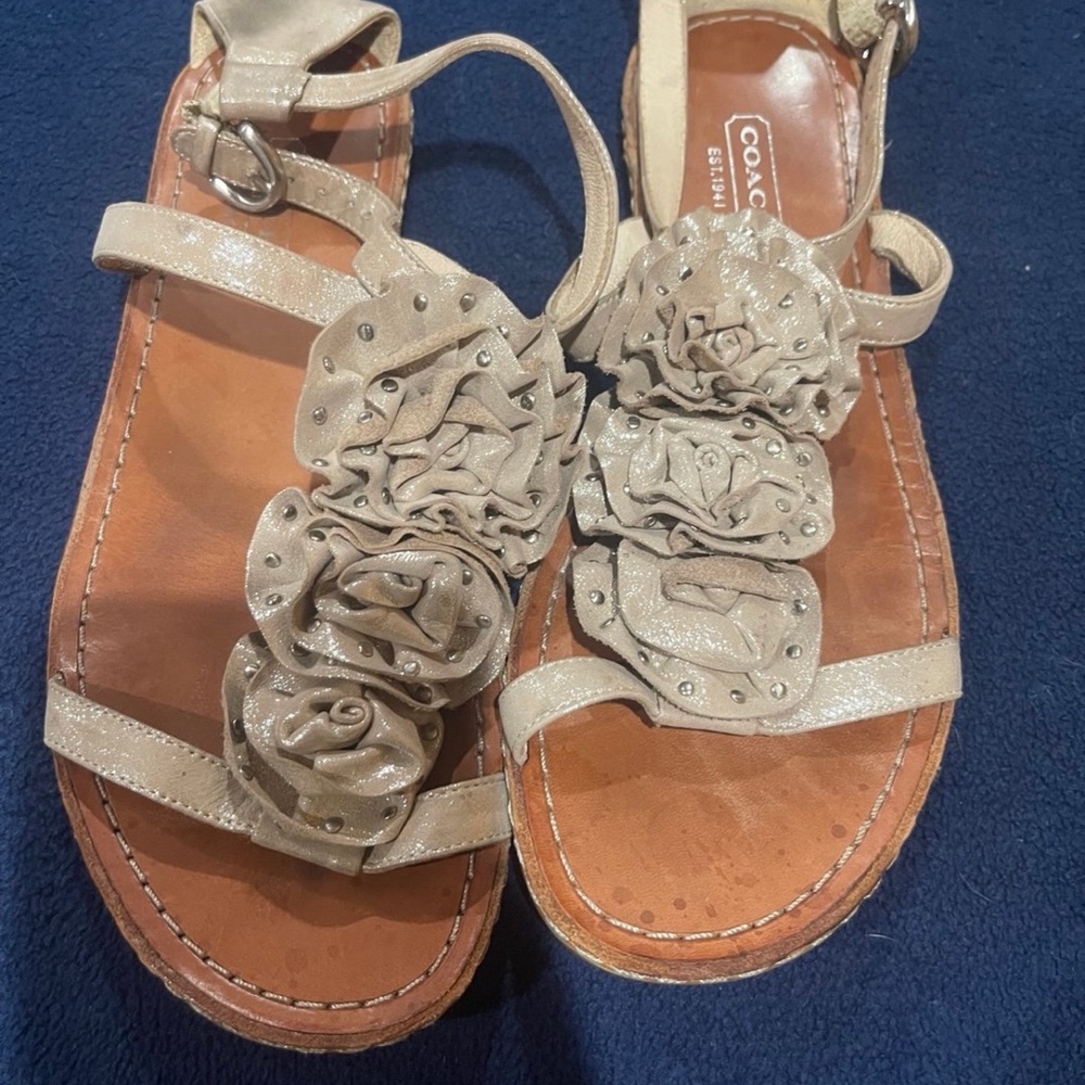 Coach Taupe Leather Sandals with Ruffle Accent